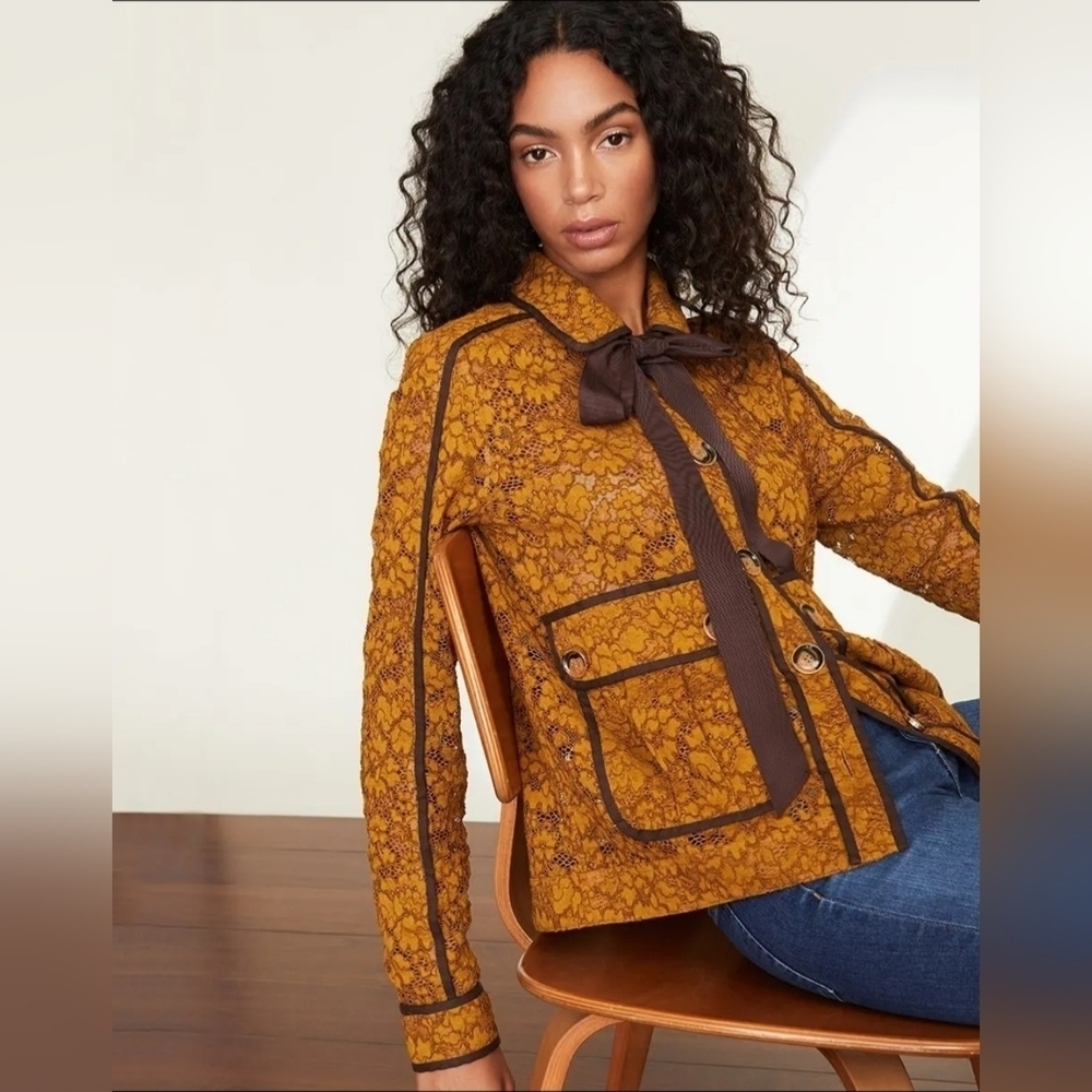 Veronica Beard Mustard Yellow Lace-Pattern Bow-Front Jacket with Brown Trim